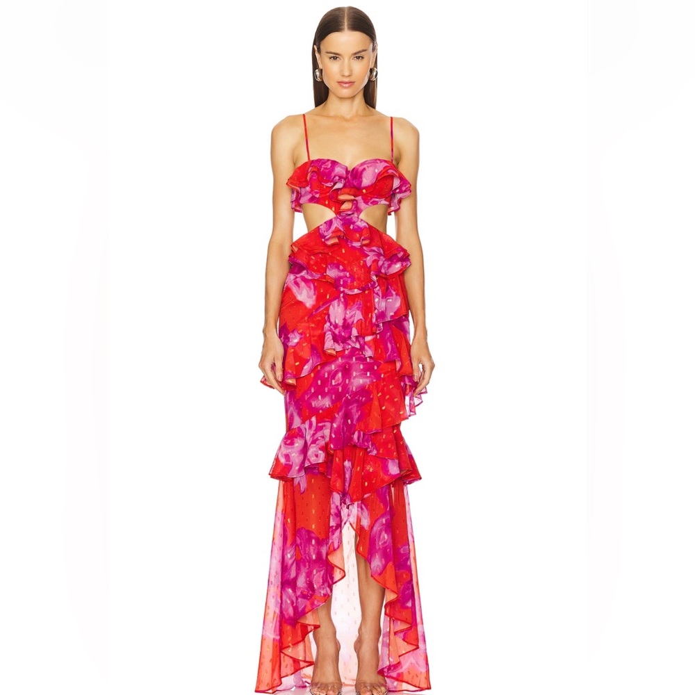 Michael Costello Vibrant Red and Pink Backless Dress